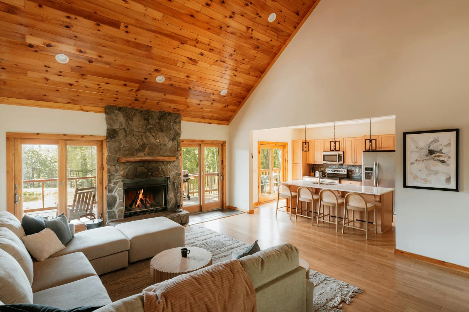 Bright kitchen and stone fireplace