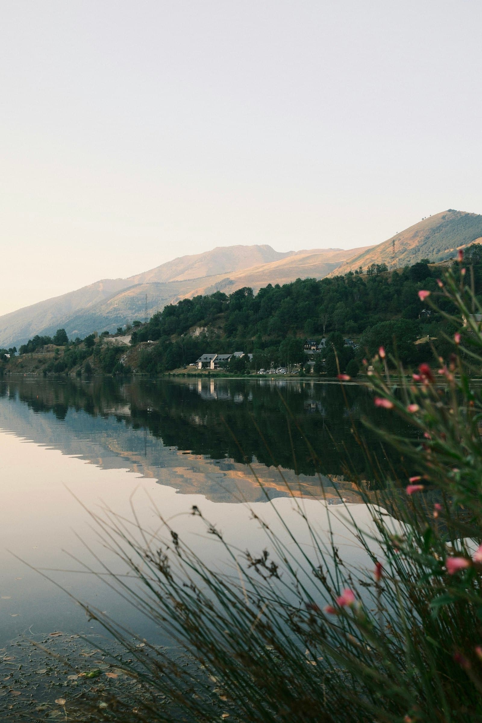 Homes scattered along the far shore of a calm lake